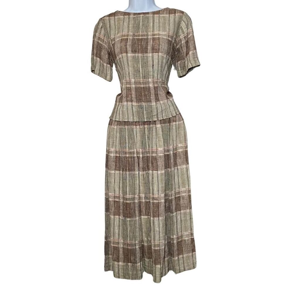 Vintage Tan Plaid 2-Piece Skirt Set